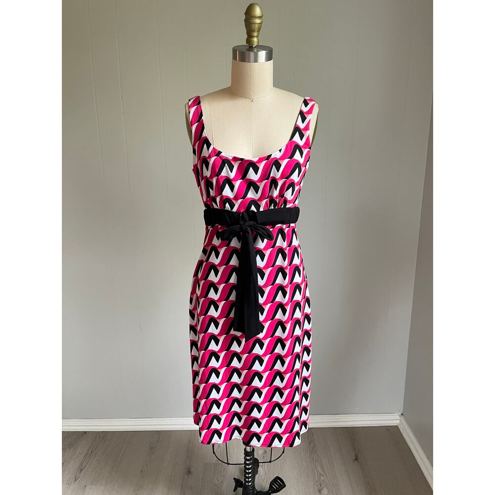 Vintage Y2K Hot Pink Geometric Print Belted‎ Babydoll Dress 6 Stretchy Funky
